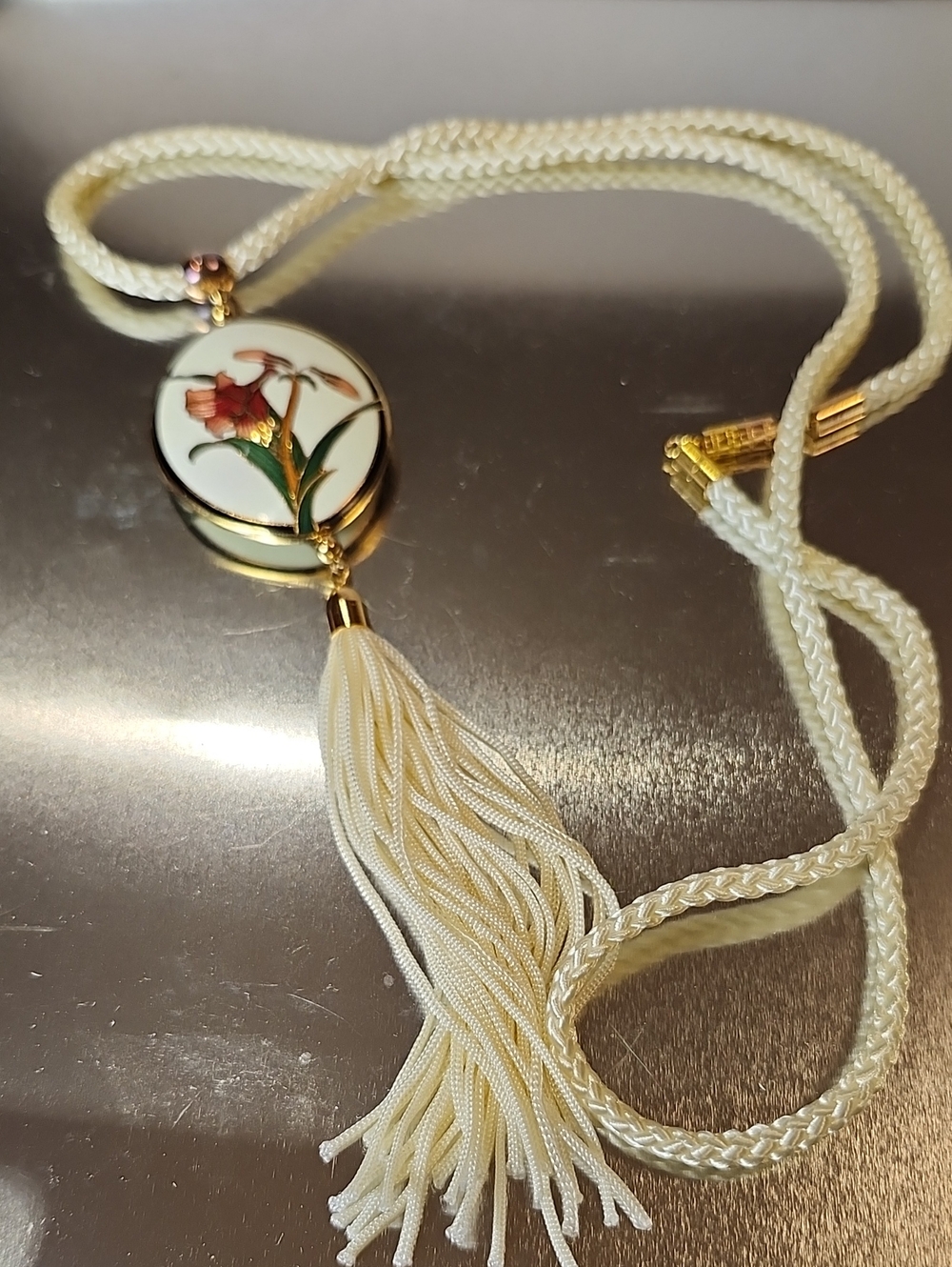 Source Unknown Cream Tassel Pendant Necklace with Floral Enamel Medallion